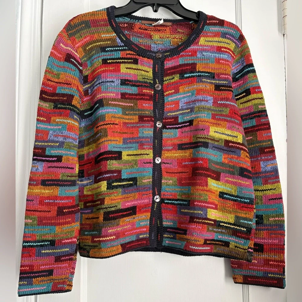Peruvian Connection Pima Cotton Colorful Abstract Knit Button Cardigan, Sz Med - Picture 2 of 9